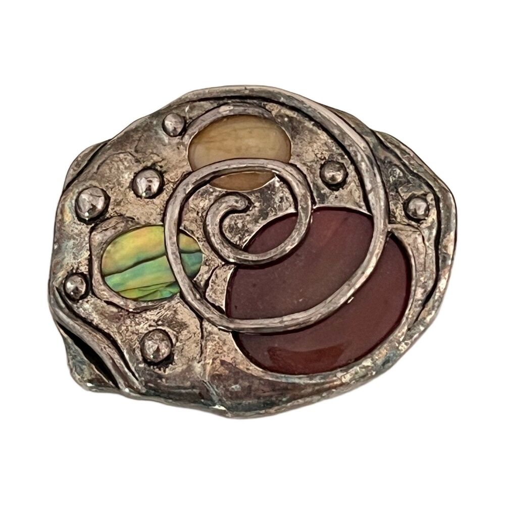 Vintage 1980s Abstract Spiral Brooch Silver Tone Multicolor Inlay Abalone - 1K